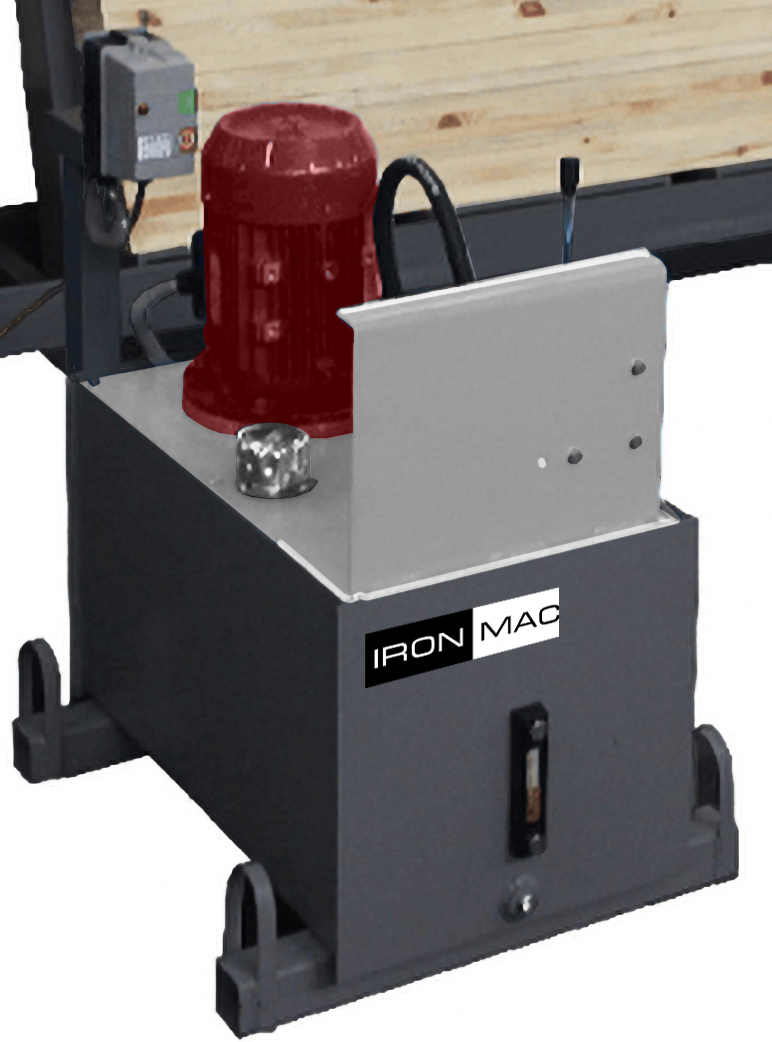 IRONMAC Press 150/HP  Гидростанция  Оснащена 2-х или 3-ёх поточным насосным агрегатом, что обеспечивает регулировку усилия гидроцилиндров в диапазоне от 1 до 8 тонн и позволяет разделять пресс на несколько зон склеивания 