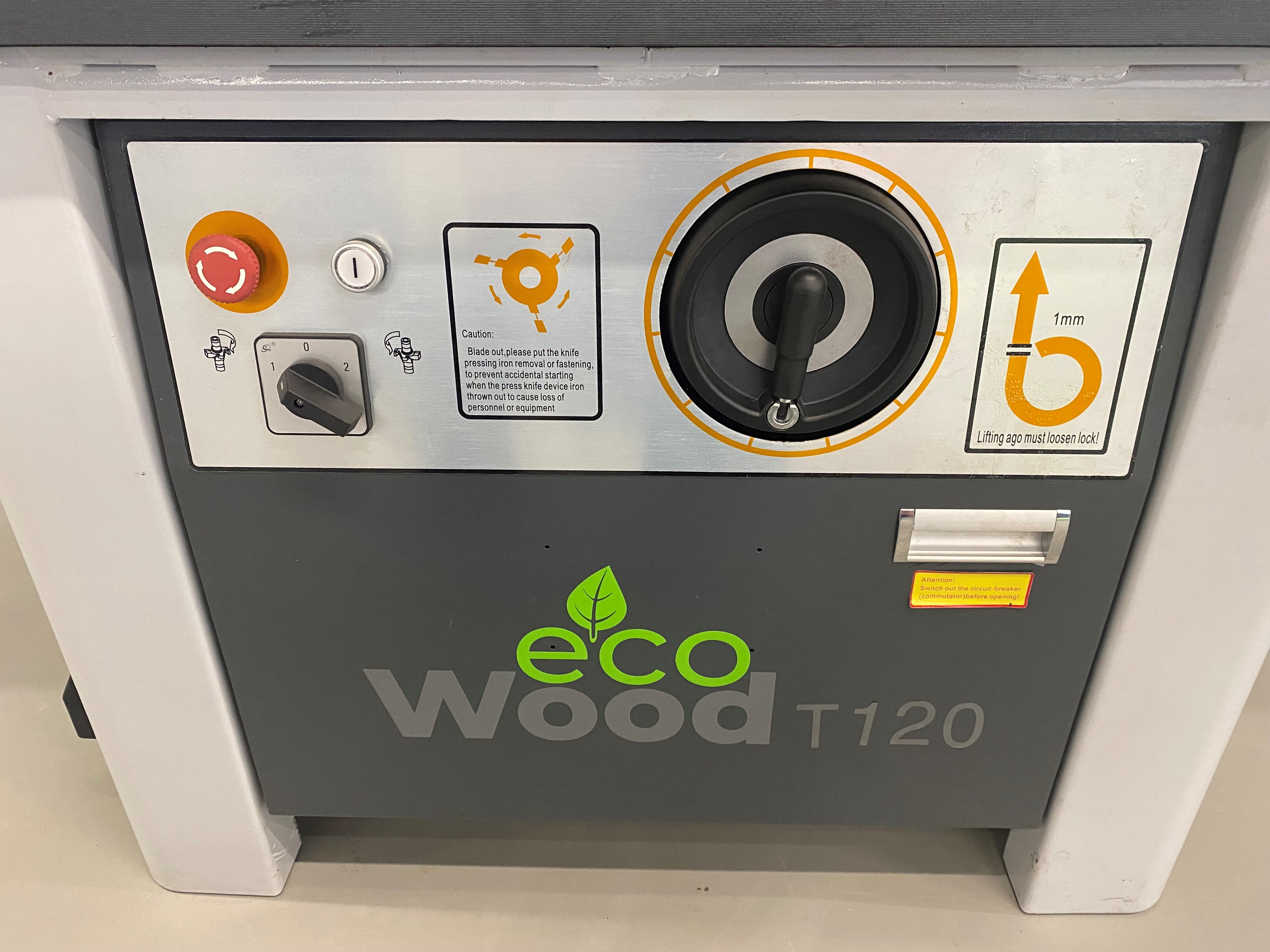 EcoWood T 120K  Панель управления  На передней панели станка расположен маховик подъема/опускания шпинделя, а также переключатель направления вращения шпинделя – реверс и кнопки включения и выключения 